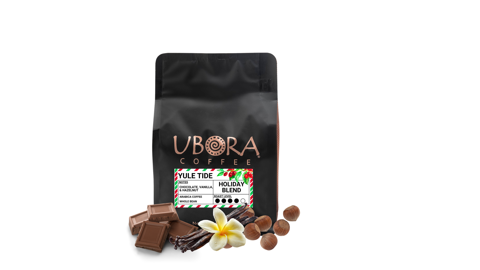 Ubora Coffee Yule Tide Holiday Blend package with chocolate, vanilla, and hazelnut on a white background